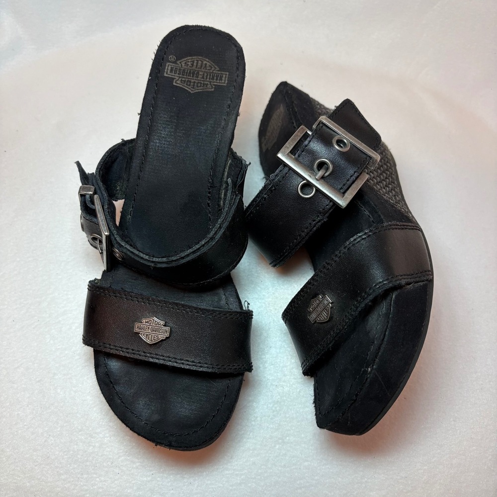 Harley-Davidson Womens Black Leather Wedge Sandals Buckle Logo Platform Slides